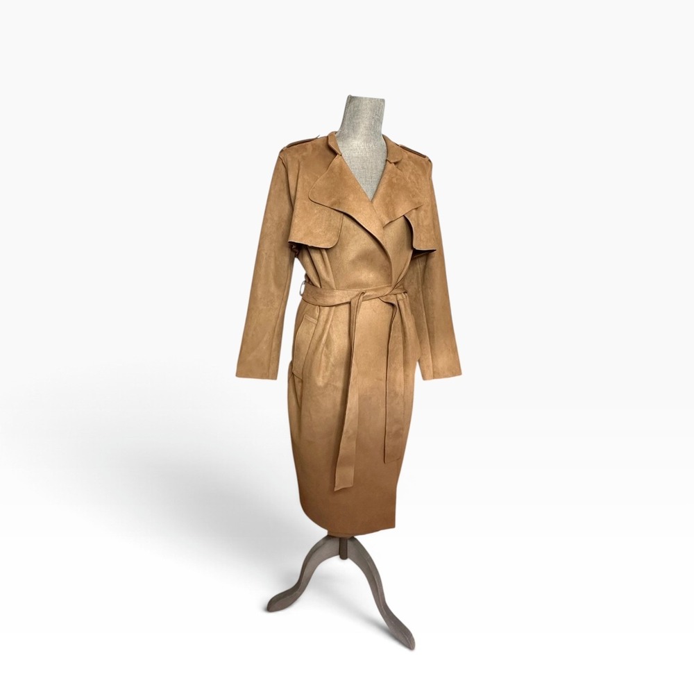 H&M Faux Suede Trench Coat Women Camel Tan Beige Belted Duster Jacket NWOT